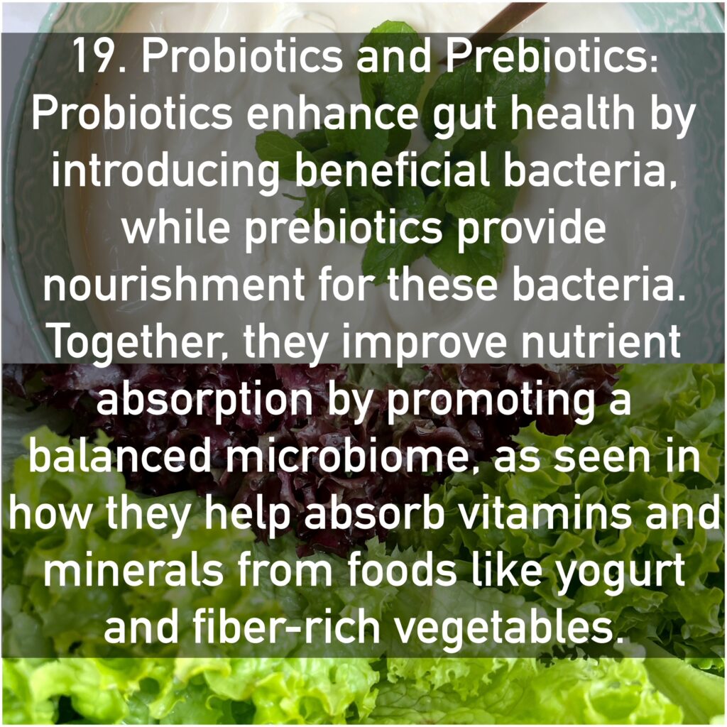 19. Probiotics and Prebiotics Probiotics enhance gut health by introducing beneficial bacteria, while prebiotics provide nourishment for these bacteria. Together, they improve nutrient absorption by promoting a balanced microbiome, as seen in how they help absorb vitamins and minerals from foods like yogurt and fiber-rich vegetables.