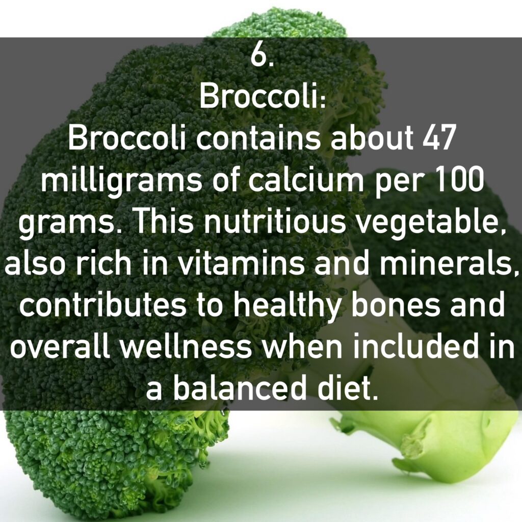 Broccoli contains about 47 milligrams of calcium per 100 grams. This nutritious vegetable, also rich in vitamins and minerals, contributes to healthy bones and overall wellness when included in a balanced diet.