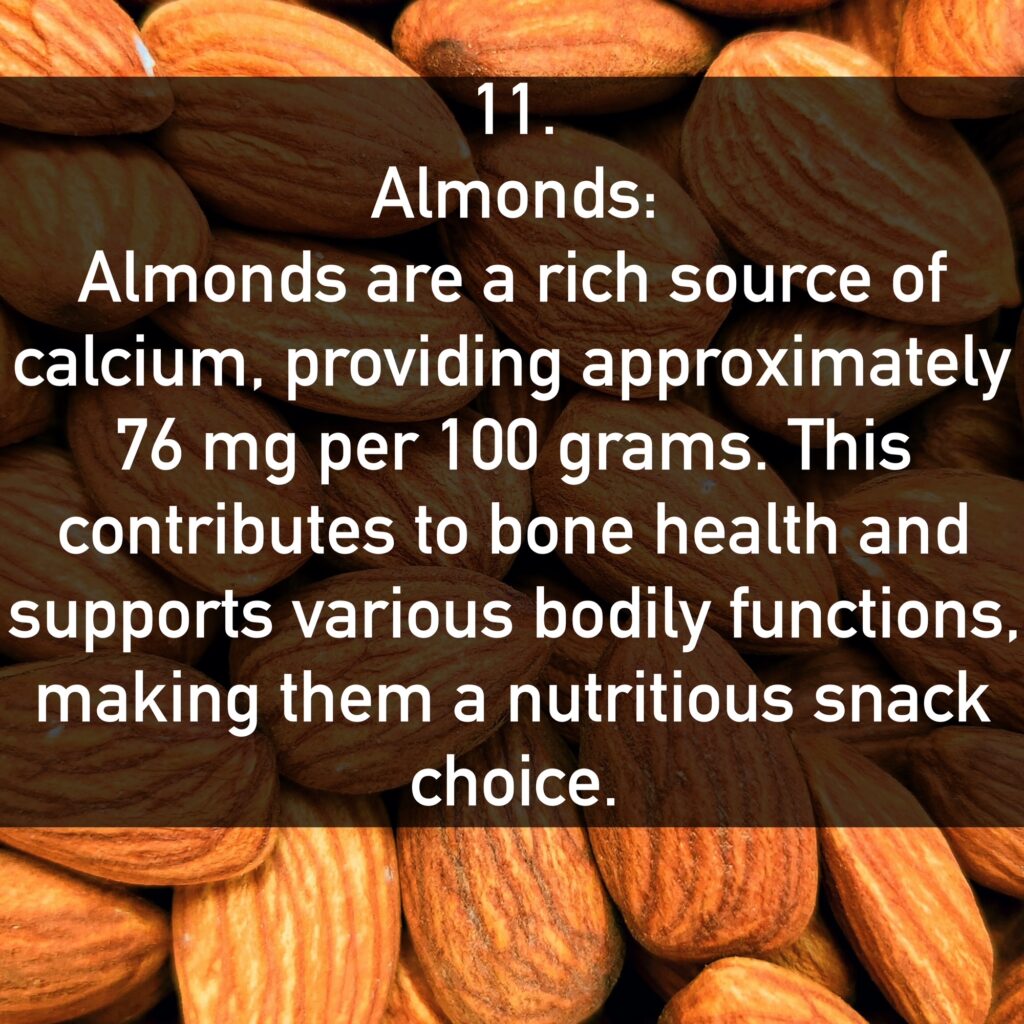 Almonds are a rich source of calcium, providing approximately 76 mg per 100 grams. This contributes to bone health and supports various bodily functions, making them a nutritious snack choice.