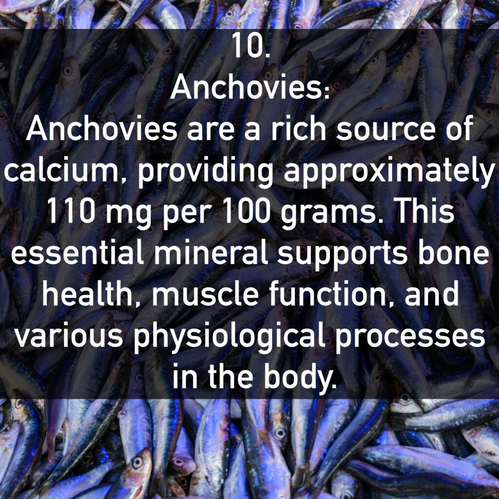 Anchovies are a rich source of calcium, providing approximately 110 mg per 100 grams. This essential mineral supports bone health, muscle function, and various physiological processes in the body.
