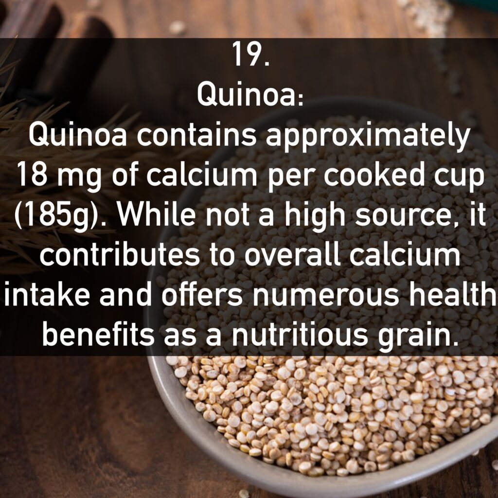 Quinoa contains approximately 18 mg of calcium per cooked cup (185g). While not a high source, it contributes to overall calcium intake and offers numerous health benefits as a nutritious grain.