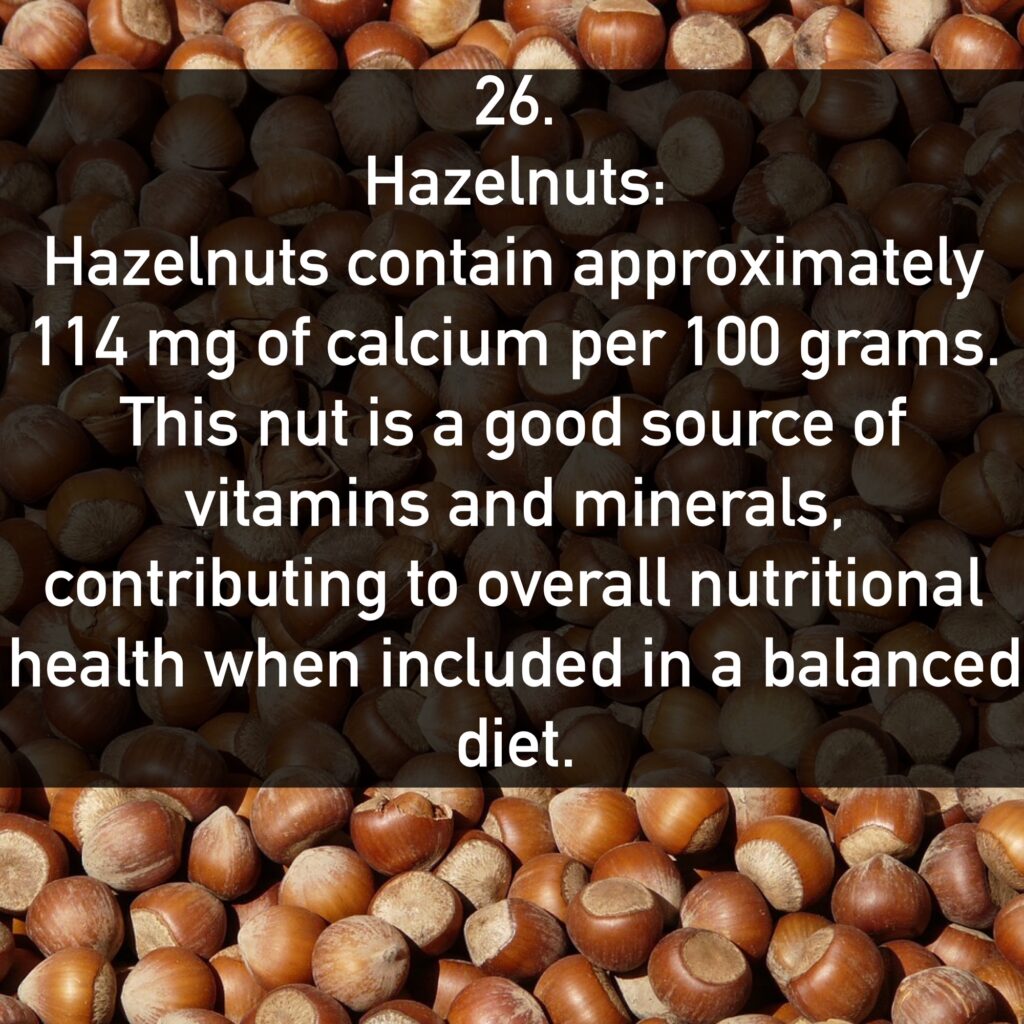 26. Hazelnuts: Hazelnuts contain approximately 114 mg of calcium per 100 grams. This nut is a good source of vitamins and minerals, contributing to overall nutritional health when included in a balanced diet.
