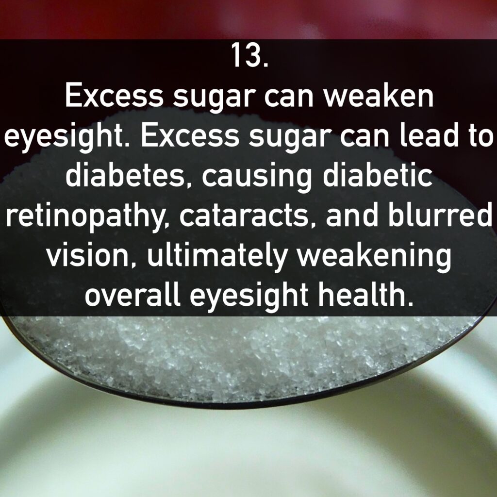 13. Excess sugar can weaken eyesight. Excess sugar can lead to diabetes, causing diabetic retinopathy, cataracts, and blurred vision, ultimately weakening overall eyesight health.