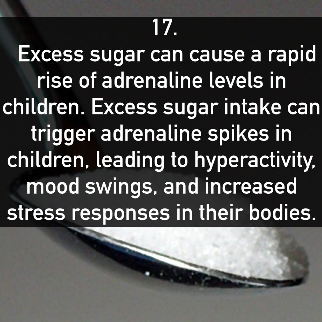 17. Excess sugar can cause a rapid rise of adrenaline levels in children. Excess sugar intake can trigger adrenaline spikes in children, leading to hyperactivity, mood swings, and increased stress responses in their bodies.