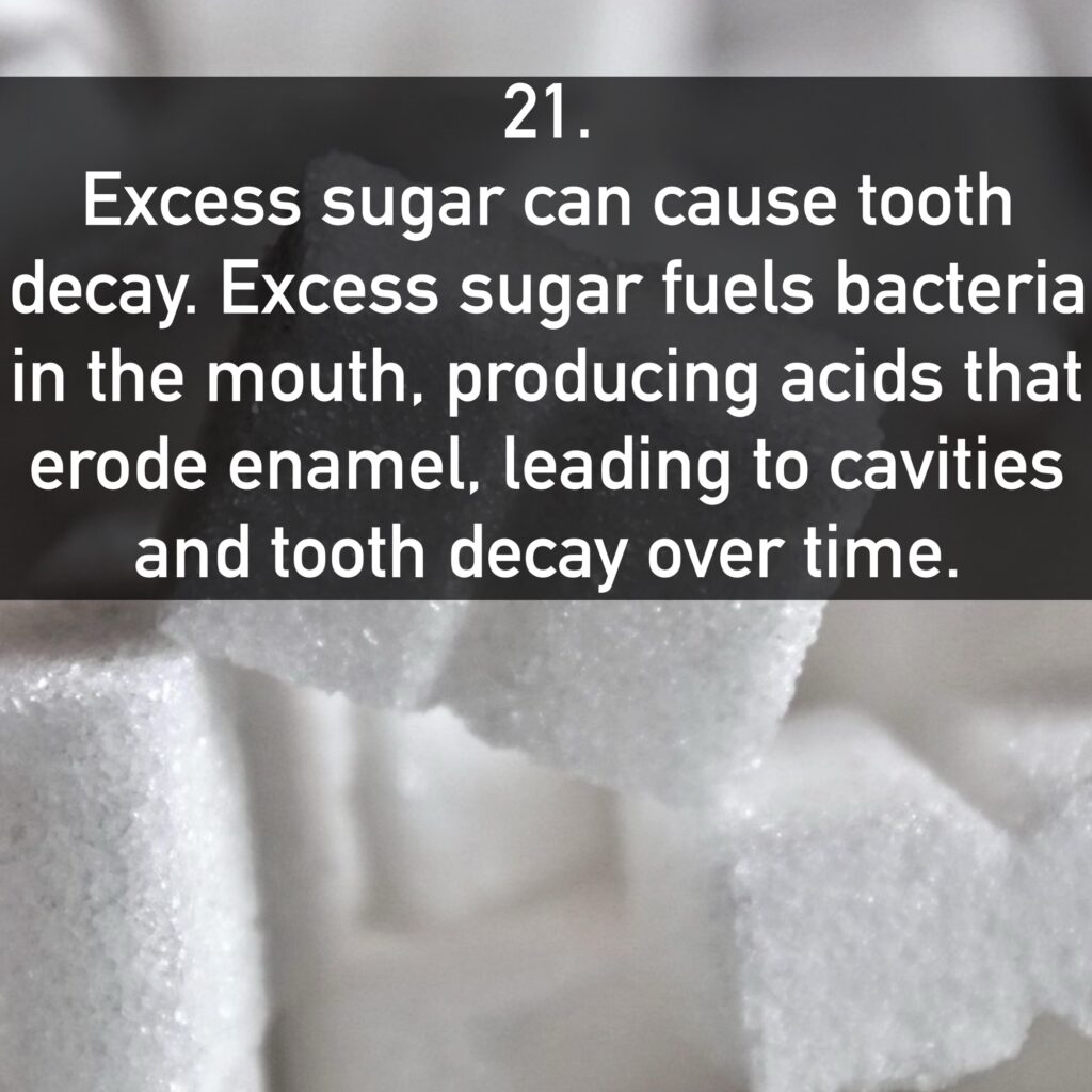 21. Excess sugar can cause tooth decay. Excess sugar fuels bacteria in the mouth, producing acids that erode enamel, leading to cavities and tooth decay over time.