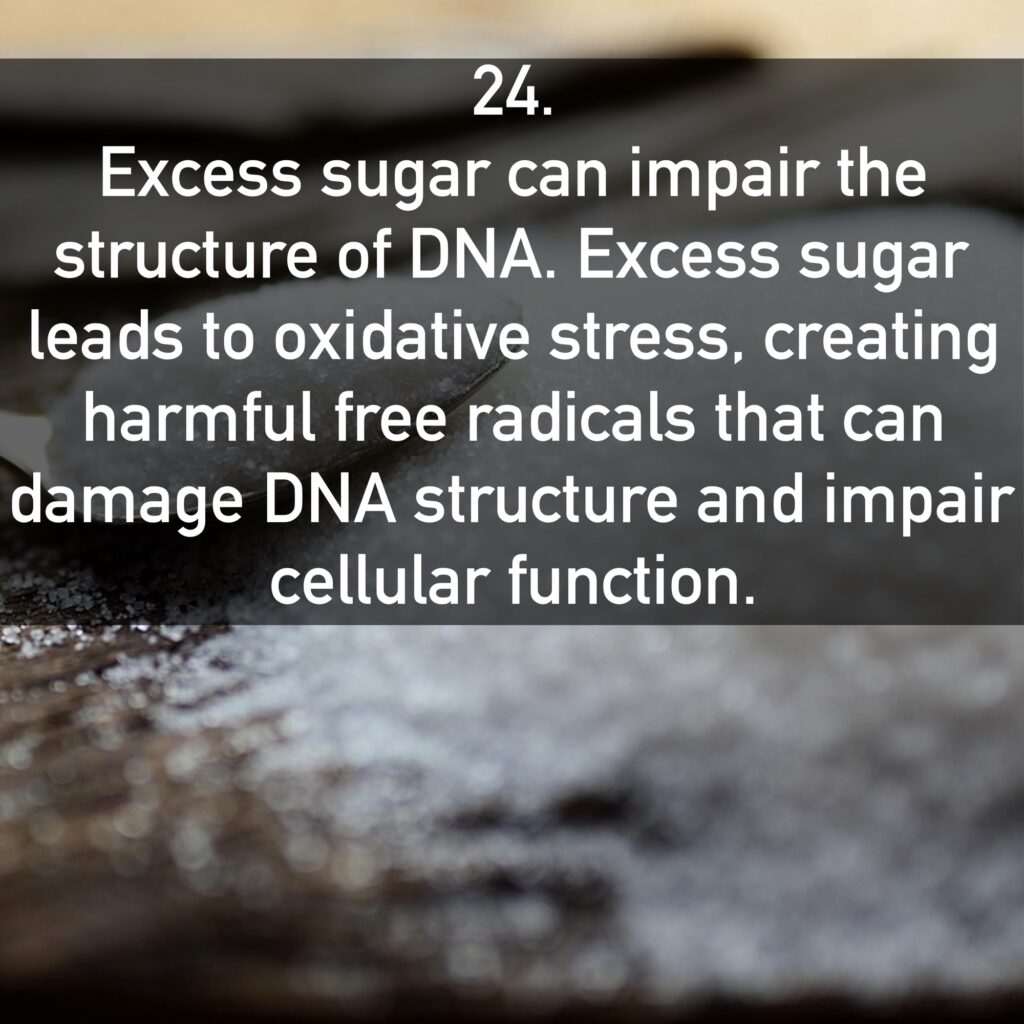 24. Excess sugar can impair the structure of DNA. Excess sugar leads to oxidative stress, creating harmful free radicals that can damage DNA structure and impair cellular function.