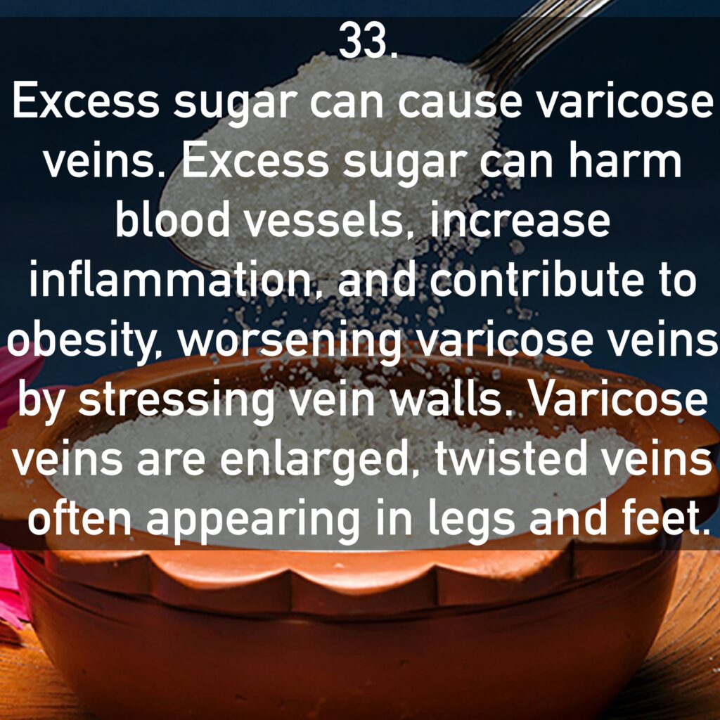 33. Excess sugar can cause varicose veins. Excess sugar can harm blood vessels, increase inflammation, and contribute to obesity, worsening varicose veins by stressing vein walls. Varicose veins are enlarged, twisted veins often appearing in legs and feet.