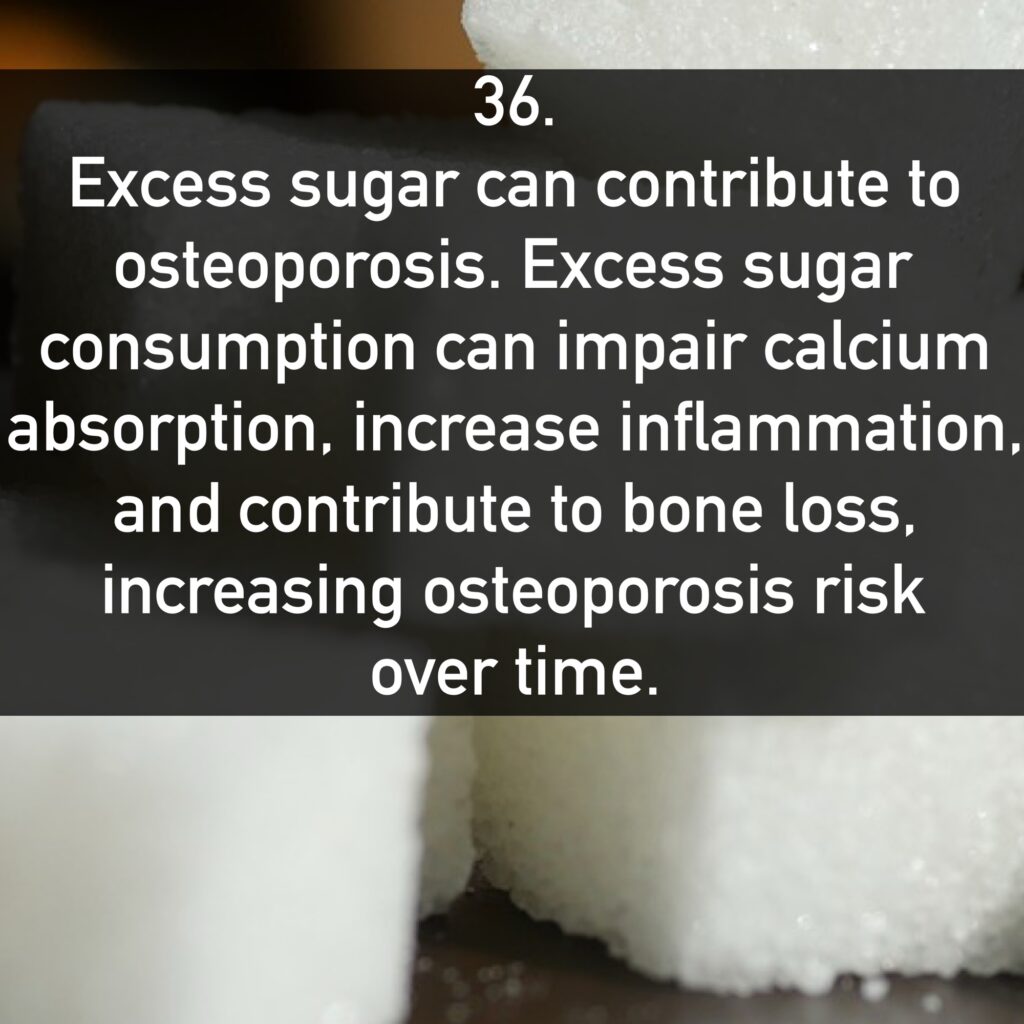 36. Excess sugar can contribute to osteoporosis. Excess sugar consumption can impair calcium absorption, increase inflammation, and contribute to bone loss, increasing osteoporosis risk over time.