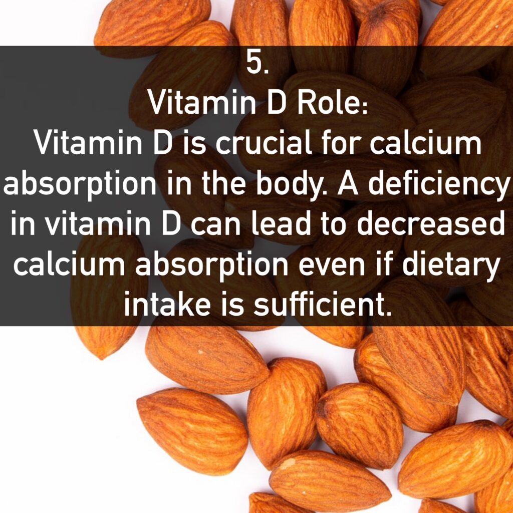 5. Vitamin D Role: Vitamin D is crucial for calcium absorption in the body. A deficiency in vitamin D can lead to decreased calcium absorption even if dietary intake is sufficient.