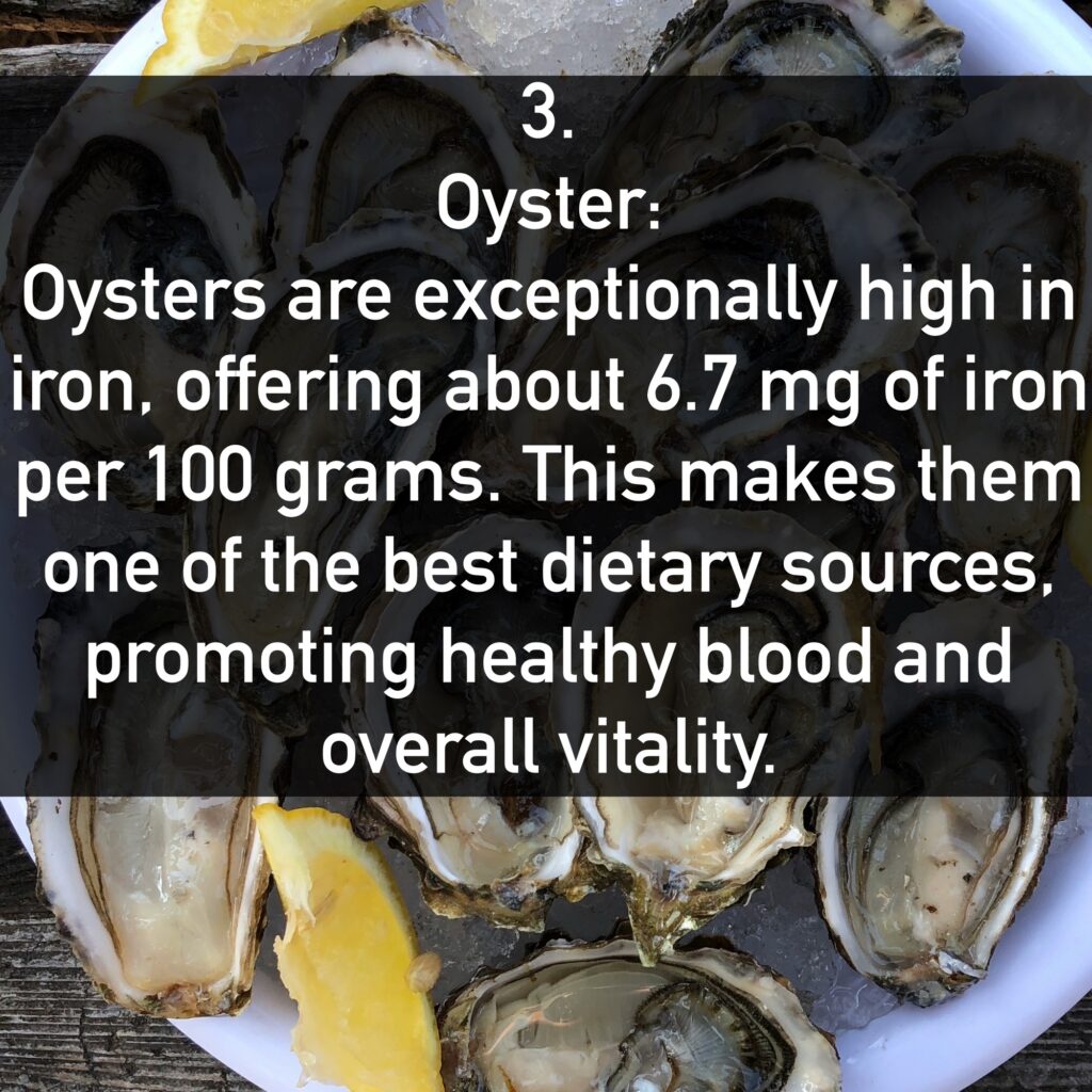 Oyster: Oysters are exceptionally high in iron, offering about 6.7 mg of iron per 100 grams. This makes them one of the best dietary sources. promoting healthy blood and overall vitality.