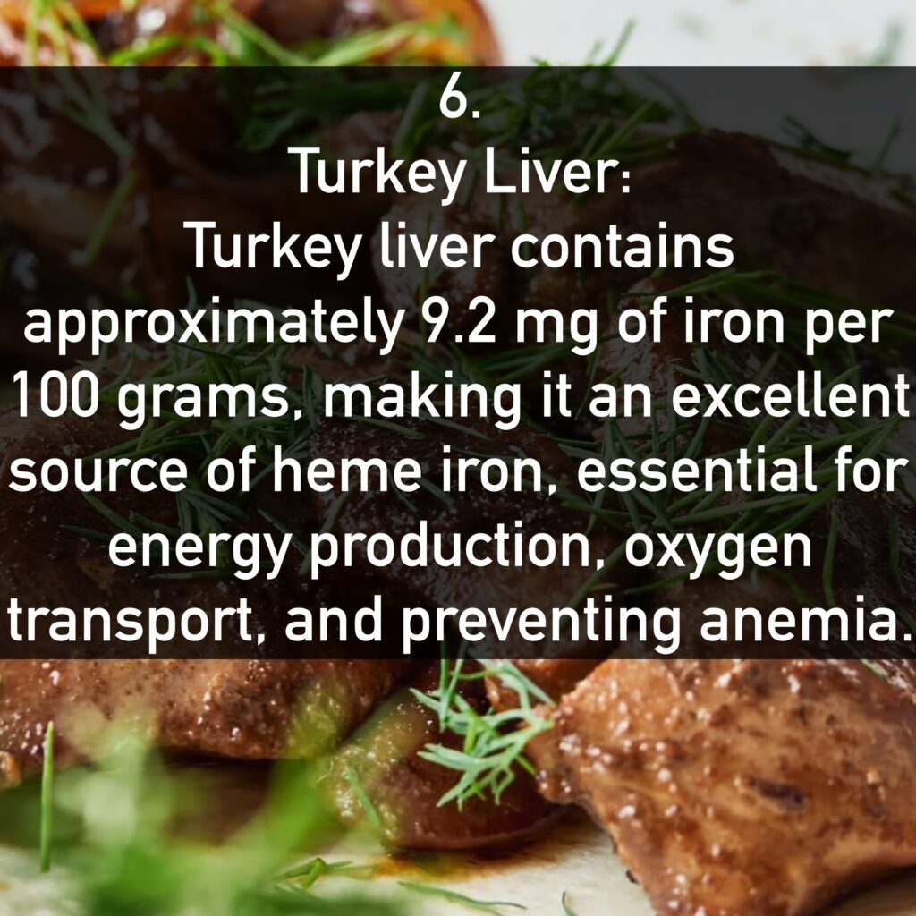 Turkey Liver: Turkey liver contains approximately 9.2 mg of iron per 100 grams, making it an excellent source of heme iron, essential for energy production, oxygen transport, and preventing anemia.