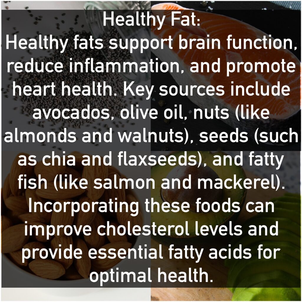 Healthy Fat Healthy fats support brain function, reduce inflammation, and promote heart health. Key sources include avocados, olive oil, nuts (like almonds and walnuts), seeds (such as chia and flaxseeds), and fatty fish (like salmon and mackerel). Incorporating these foods can improve cholesterol levels and provide essential fatty acids for optimal health.