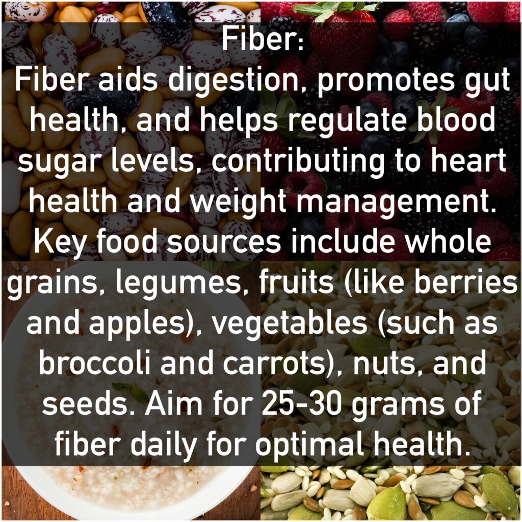 Fiber Fiber aids digestion, promotes gut health, and helps regulate blood sugar levels, contributing to heart health and weight management. Key food sources include whole grains, legumes, fruits (like berries and apples), vegetables (such as broccoli and carrots), nuts, and seeds. Aim for 25-30 grams of fiber daily for optimal health.