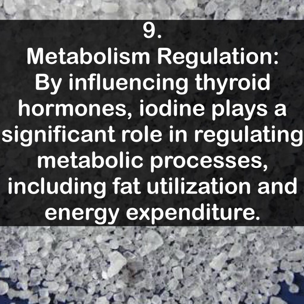 9. Metabolism Regulation: By influencing thyroid hormones, iodine plays a significant role in regulating metabolic processes, including fat utilization and energy expenditure.