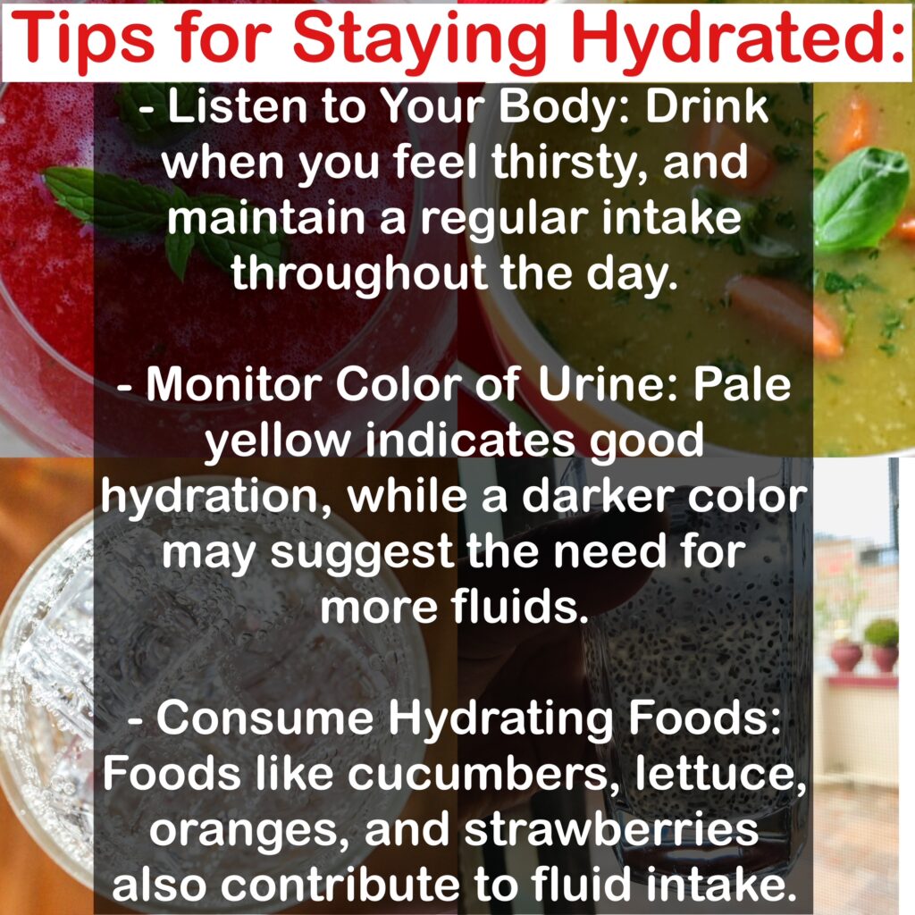 Tips for Staying Hydrated: - Listen to Your Body: Drink when you feel thirsty, and maintain a regular intake throughout the day. - Monitor Color of Urine: Pale yellow indicates good hydration, while a darker color may suggest the need for more fluids. - Consume Hydrating Foods: Foods like cucumbers, lettuce, oranges, and strawberries also contribute to fluid intake.