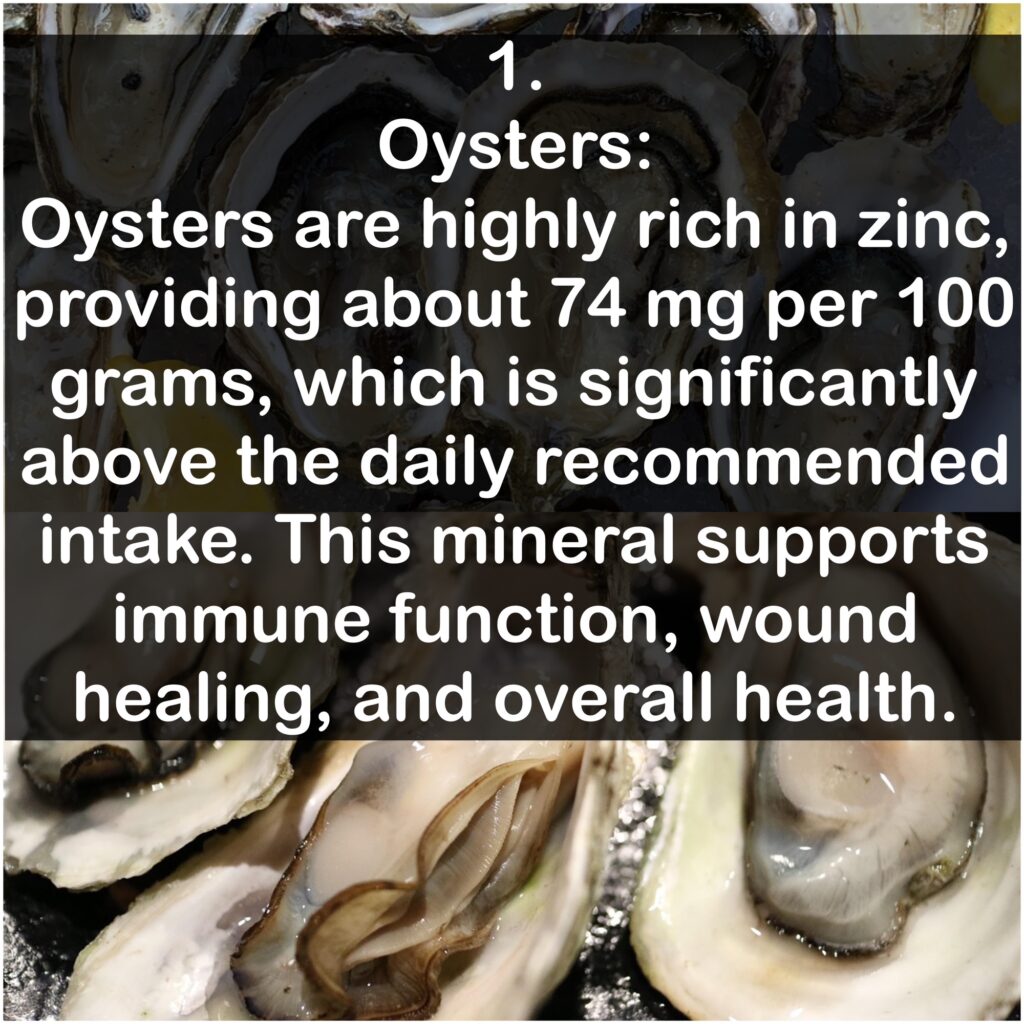 1. Oysters: Oysters are highly rich in zinc, providing about 74 mg per 100 grams, which is significantly above the daily recommended intake. This mineral supports immune function, wound healing, and overall health.