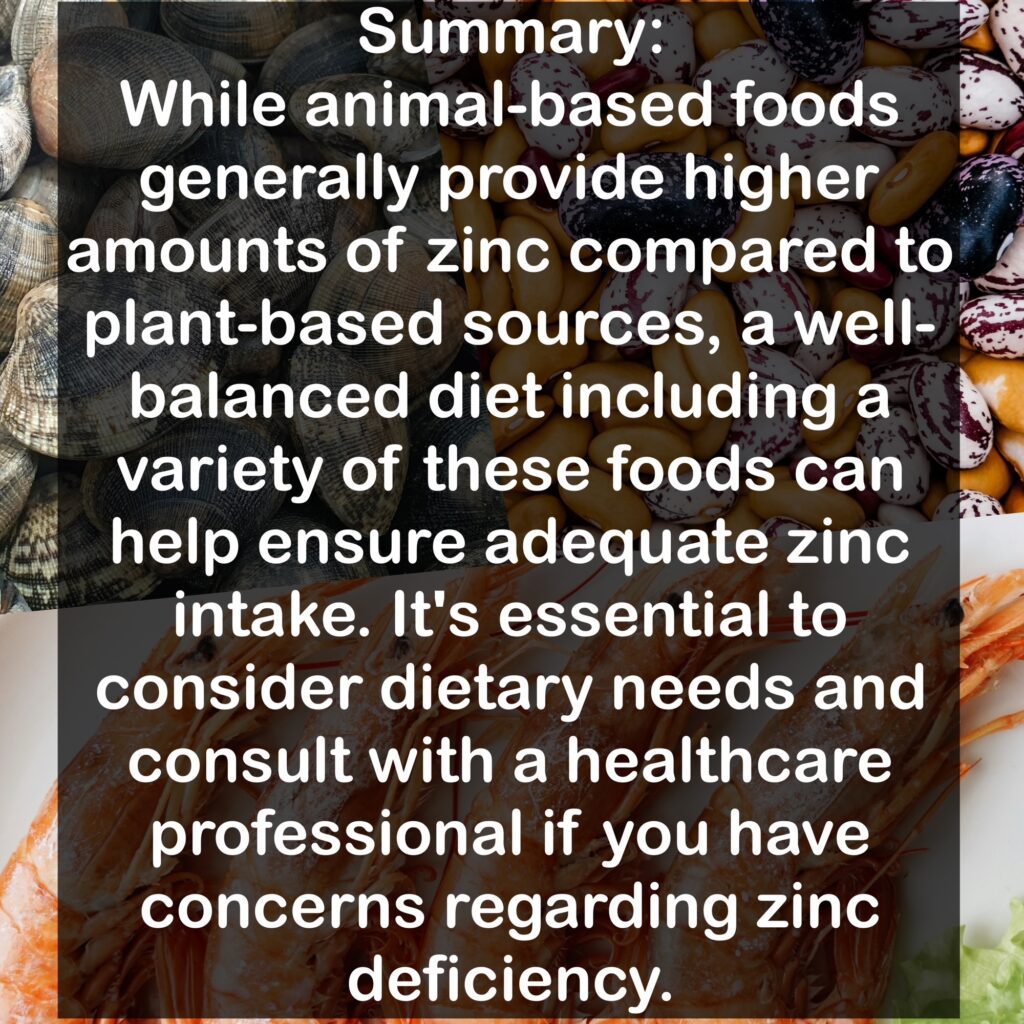 Summary: While animal-based foods generally provide higher amounts of zinc compared to plant-based sources, a well-balanced diet including a variety of these foods can help ensure adequate zinc intake. It's essential to consider dietary needs and consult with a healthcare professional if you have concerns regarding zinc deficiency.