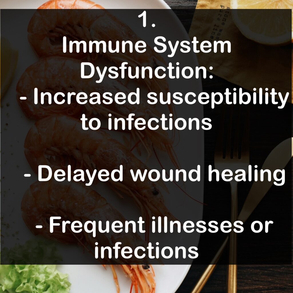 1. Immune System Dysfunction: - Increased susceptibility to infections - Delayed wound healing - Frequent illnesses or infections