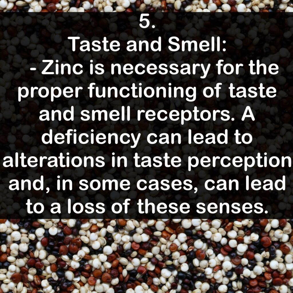 5. Taste and Smell: - Zinc is necessary for the proper functioning of taste and smell receptors. A deficiency can lead to alterations in taste perception and, in some cases, can lead to a loss of these senses.