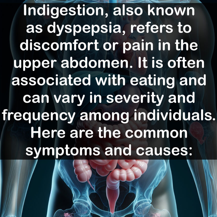 Indigestion, also known as dyspepsia, refers to discomfort or pain in the upper abdomen. It is often associated with eating and can vary in severity and frequency among individuals. Here are the common symptoms and causes: