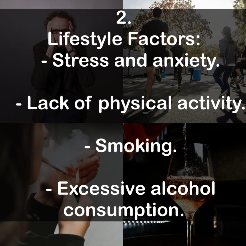 2. Lifestyle Factors: - Stress and anxiety. - Lack of physical activity. - Smoking. - Excessive alcohol consumption.