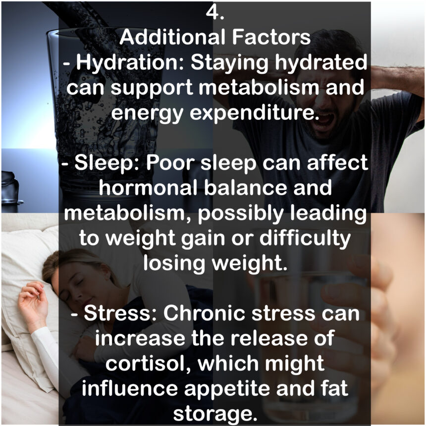 4. Additional Factors - Hydration: Staying hydrated can support metabolism and energy expenditure. - Sleep: Poor sleep can affect hormonal balance and metabolism, possibly leading to weight gain or difficulty losing weight. - Stress: Chronic stress can increase the release of cortisol, which might influence appetite and fat storage.