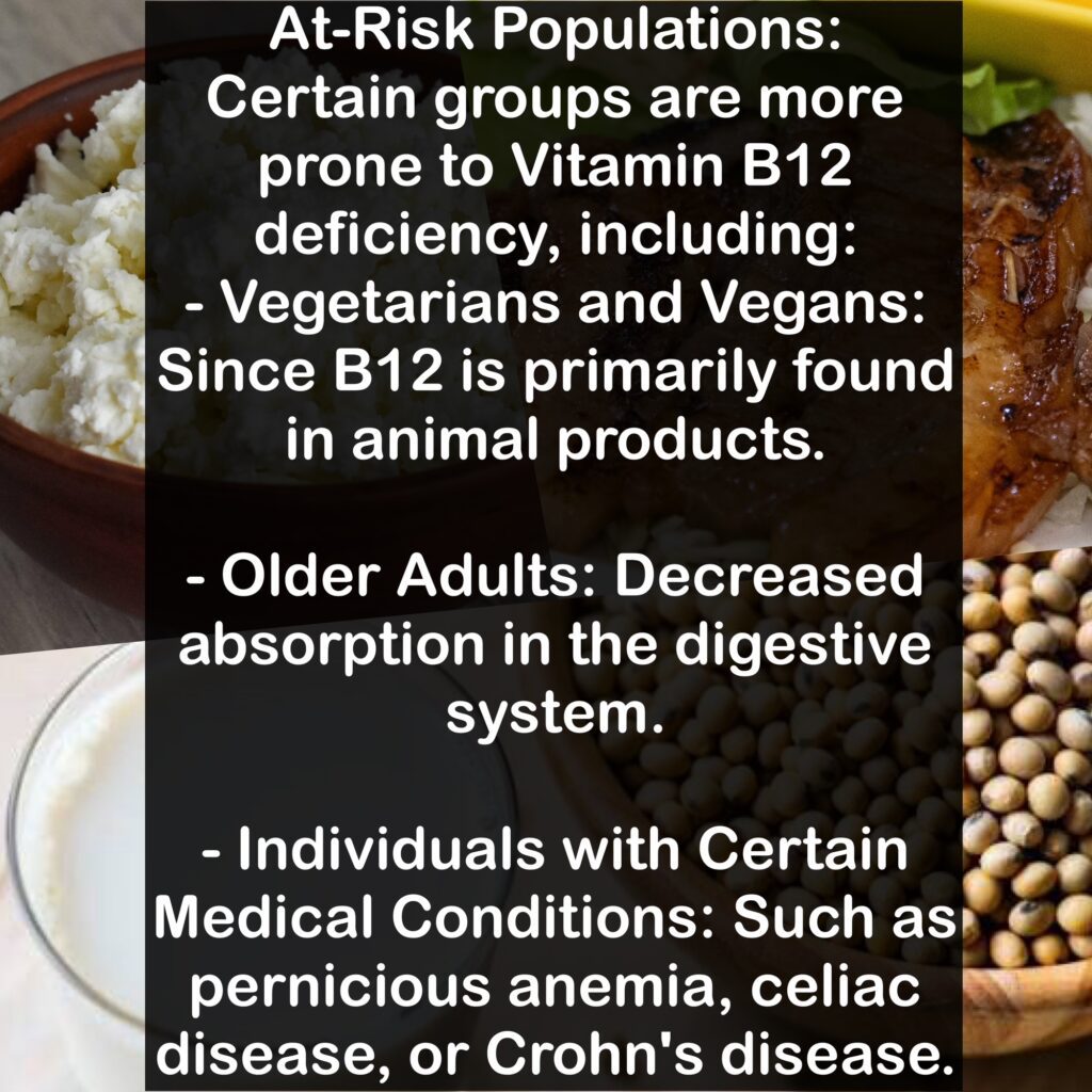 At-Risk Populations: Certain groups are more prone to Vitamin B12 deficiency, including: - Vegetarians and Vegans: Since B12 is primarily found in animal products. - Older Adults: Decreased absorption in the digestive system. - Individuals with Certain Medical Conditions: Such as pernicious anemia, celiac disease, or Crohn's disease.