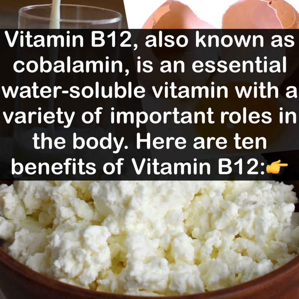 Vitamin B12, also known as cobalamin, is an essential water-soluble vitamin with a variety of important roles in the body. Here are ten benefits of Vitamin B12:0