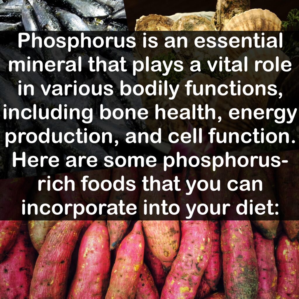 Phosphorus is an essential mineral that plays a vital role in various bodily functions, including bone health, energy production, and cell function. Here are some phosphorus-rich foods that you can incorporate into your diet: