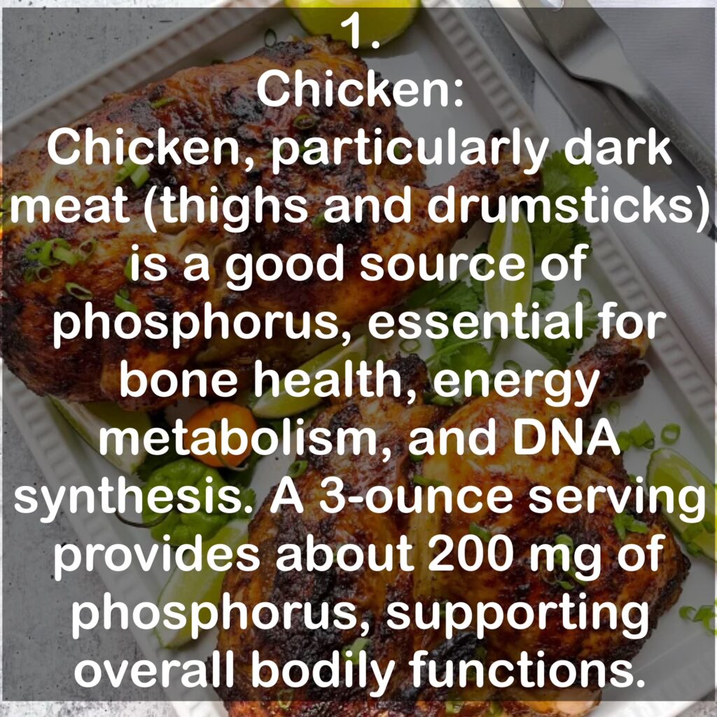 1. Chicken: Chicken, particularly dark meat (thighs and drumsticks) is a good source of phosphorus, essential for bone health, energy metabolism, and DNA synthesis. A 3-ounce serving provides about 200 mg of phosphorus, supporting overall bodily functions.