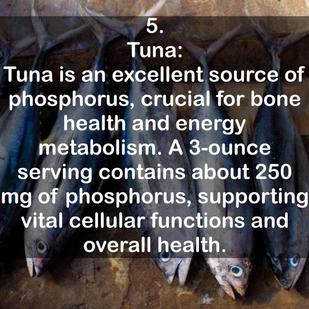 5. Tuna: Tuna is an excellent source of phosphorus, crucial for bone health and energy metabolism. A 3-ounce serving contains about 250 mg of phosphorus, supporting vital cellular functions and overall health.