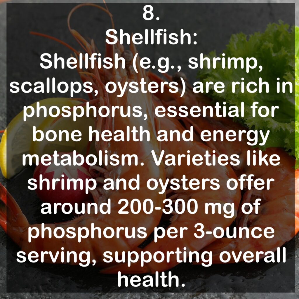8. Shellfish: Shellfish (e.g., shrimp, scallops, oysters) are rich in phosphorus, essential for bone health and energy metabolism. Varieties like shrimp and oysters offer around 200-300 mg of phosphorus per 3-ounce serving, supporting overall health.