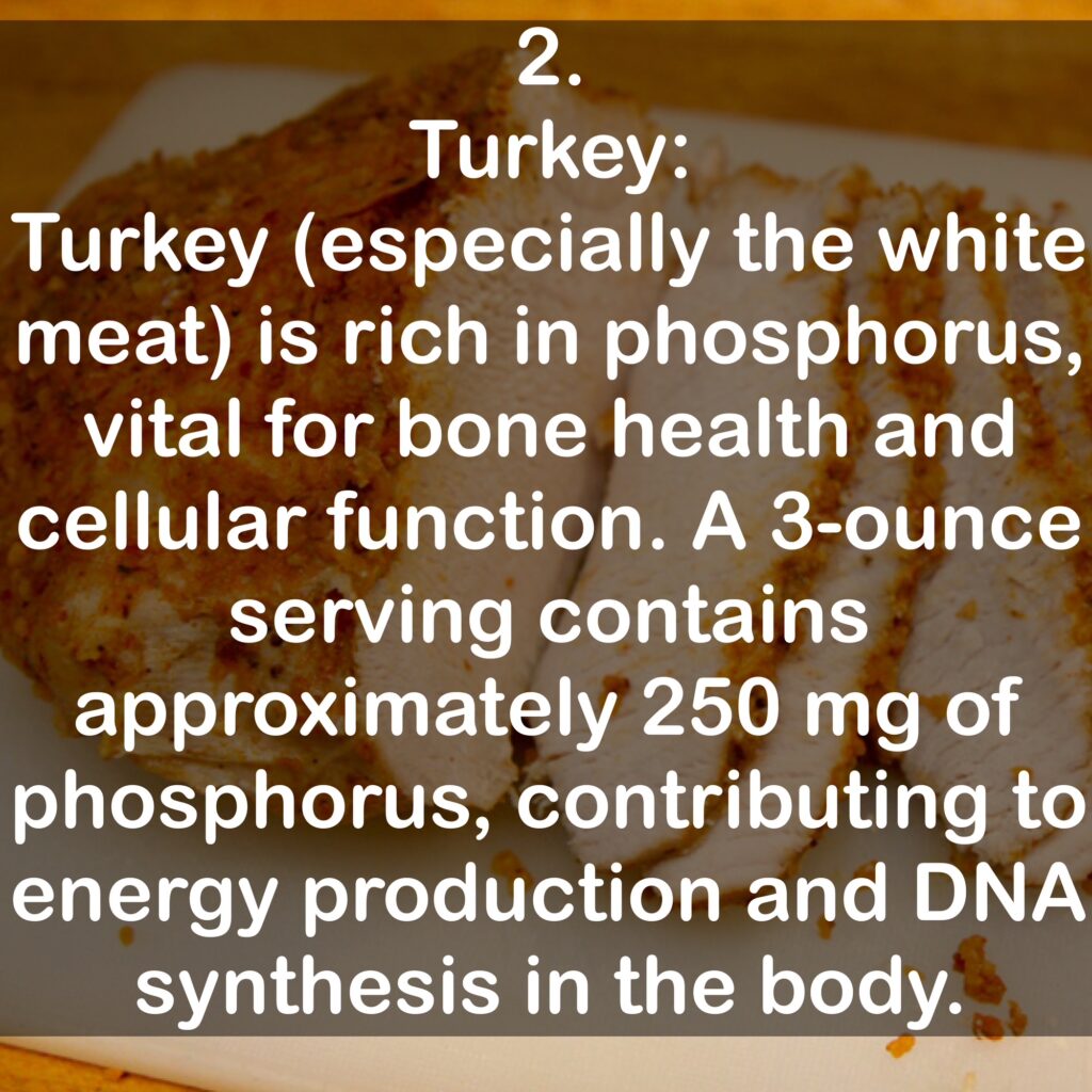 2. Turkey: Turkey (especially the white meat) is rich in phosphorus, vital for bone health and cellular function. A 3-ounce serving contains approximately 250 mg of phosphorus, contributing to energy production and DNA synthesis in the body.