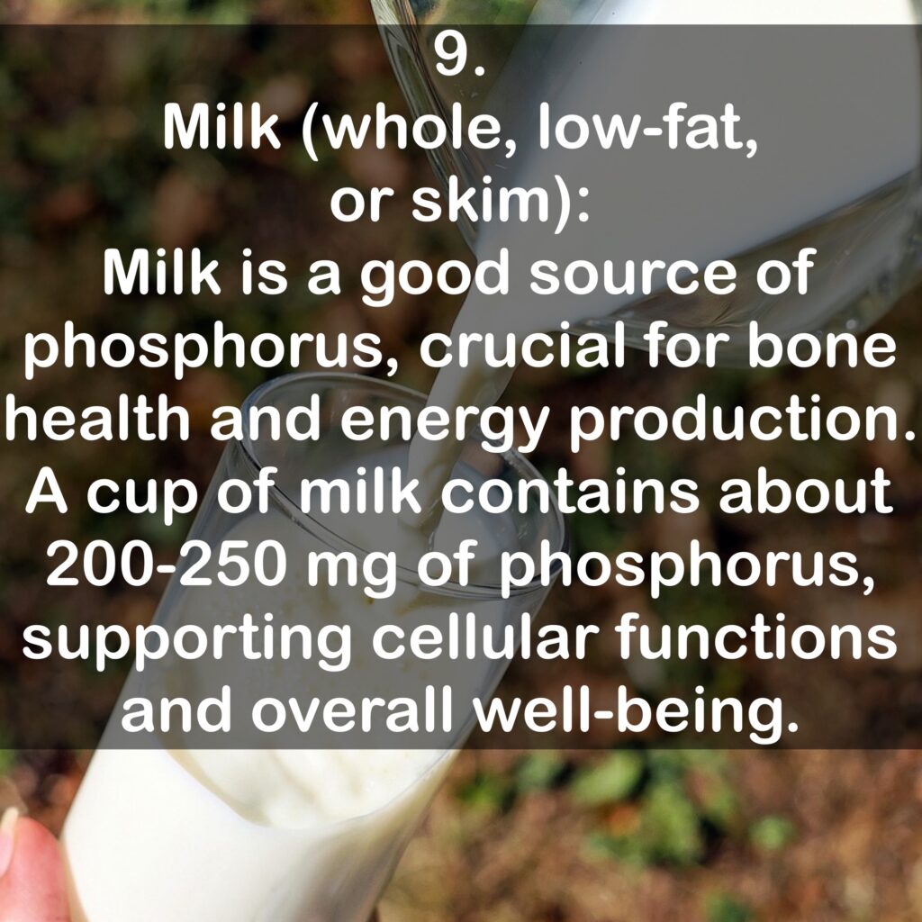 9. Milk (whole, low-fat, or skim): Milk is a good source of phosphorus, crucial for bone health and energy production. A cup of milk contains about 200-250 mg of phosphorus, supporting cellular functions and overall well-being.