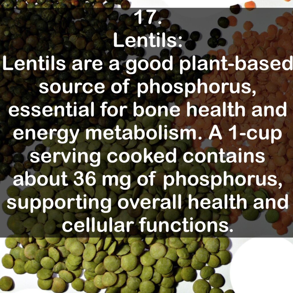 17. Lentils: Lentils are a good plant-based source of phosphorus, essential for bone health and energy metabolism. A 1-cup serving cooked contains about 36 mg of phosphorus, supporting overall health and cellular functions.