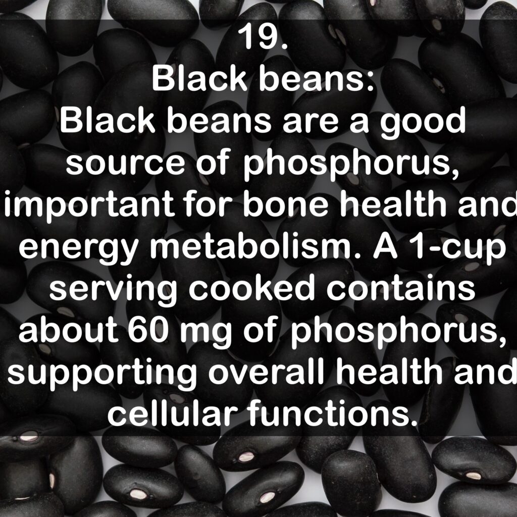 19. Black beans: Black beans are a good source of phosphorus, important for bone health ano energy metabolism. A 1-cup serving cooked contains about 60 mg of phosphorus, supporting overall health and cellular functions.