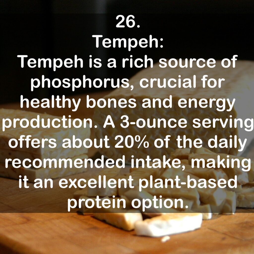 26. Tempeh: Tempeh is a rich source of phosphorus, crucial for healthy bones and energy production. A 3-ounce serving offers about 20% of the daily recommended intake, making it an excellent plant-based protein option.