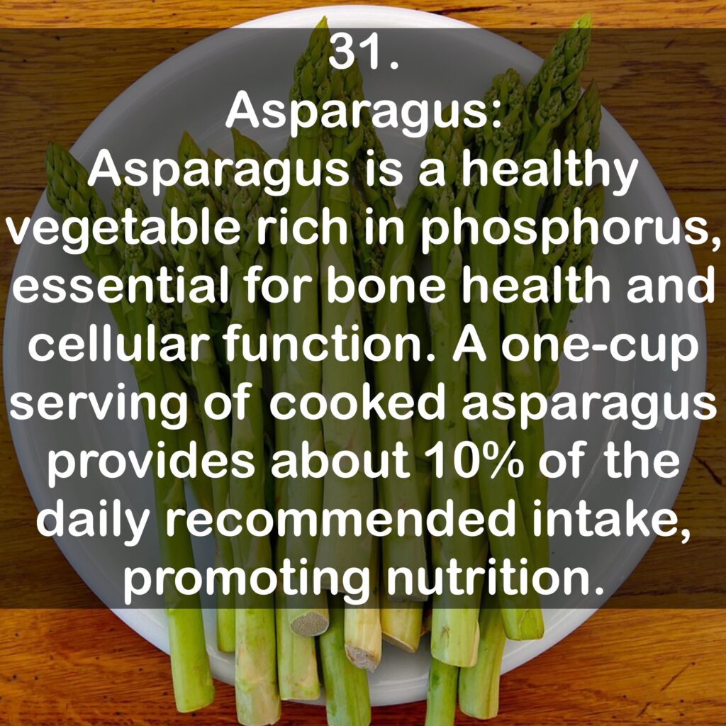 31. Asparagus: Asparagus is a healthy vegetable rich in phosphorus, essential for bone health and cellular function. A one-cup serving of cooked asparagus provides about 10% of the daily recommended intake, promoting nutrition.