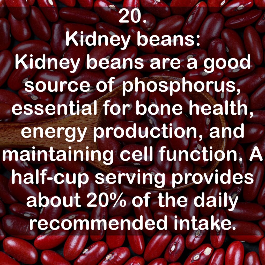 20. Kidney beans: Kidney beans are a good source of phosphorus, essential for bone health, energy production, and maintaining cell function, A half-cup serving provides about 20% of the daily recommended intake.