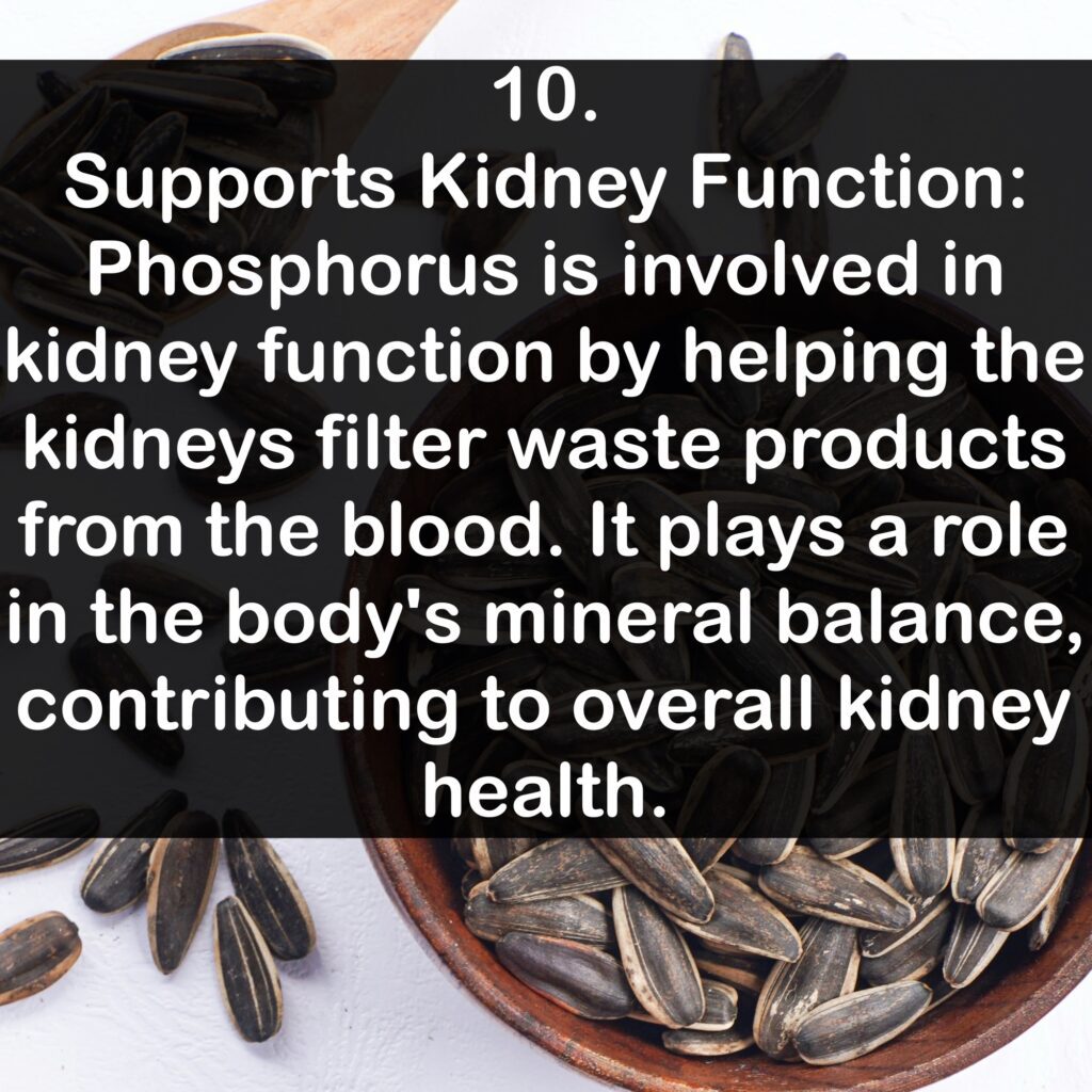 10. Supports Kidney Function: Phosphorus is involved in kidney function by helping the kidneys filter waste products from the blood. It plays a role in the body's mineral balance, contributing to overall kidney health.