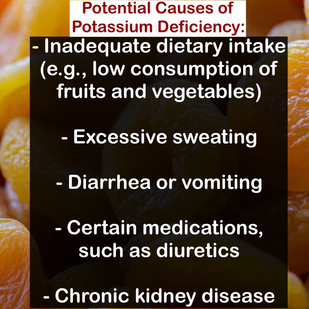 Potential Causes of Potassium Deficiency: - Inadequate dietary intake (e.g., low consumption of fruits and vegetables) - Excessive sweating - Diarrhea or vomiting - Certain medications, such as diuretics - Chronic kidney disease
