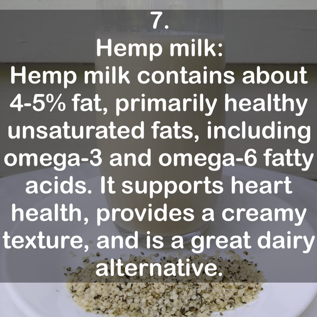 7. Hemp milk: Hemp milk contains about 4-5% fat, primarily healthy unsaturated fats, including omega-3 and omega-6 fatty acids. It supports heart health, provides a creamy texture, and is a great dairy alternative.