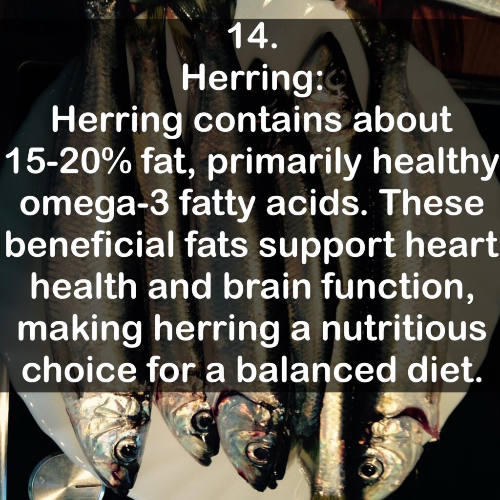 14. Herring: Herring contains about 15-20% fat, primarily healthy omega-3 fatty acids. These beneficial fats support heart health and brain function, making herring a nutritious choice for a balanced diet.