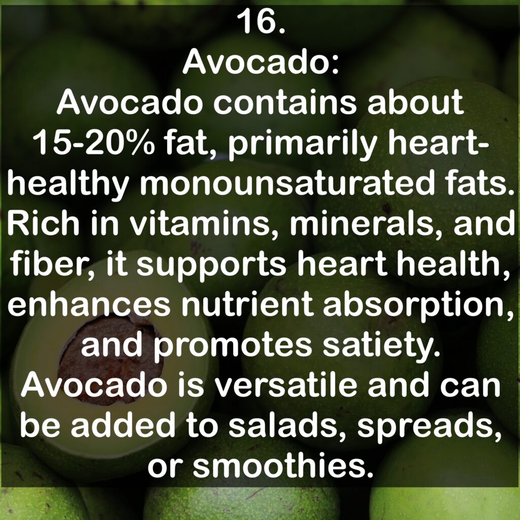 16. Avocado: Avocado contains about 15-20% fat, primarily heart- healthy monounsaturated fats. Rich in vitamins, minerals, and fiber, it supports heart health, enhances nutrient absorption, and promotes satiety. Avocado is versatile and can be added to salads, spreads, or smoothies.