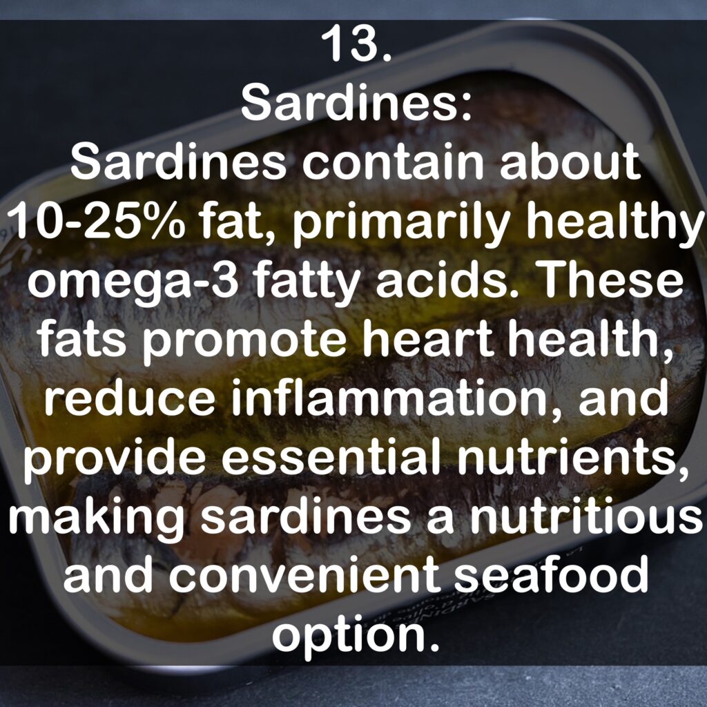 13. Sardines: Sardines contain about 10-25% fat, primarily healthy omega-3 fatty acids. These fats promote heart health, reduce inflammation, and provide essential nutrients, making sardines a nutritious and convenient seafood option.