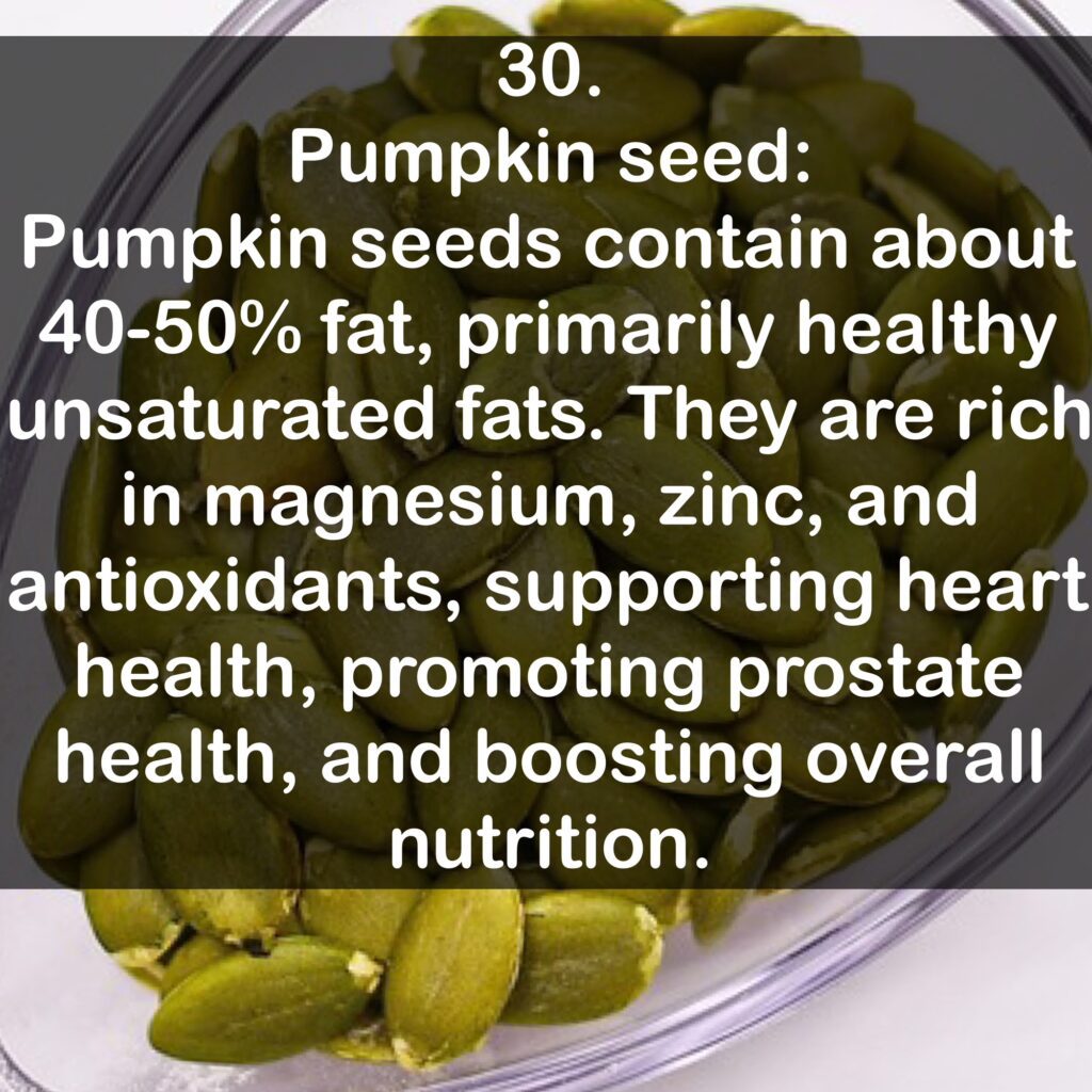 30. Pumpkin seed: Pumpkin seeds contain about 40-50% fat, primarily healthy unsaturated fats. They are rich in magnesium, zinc, and antioxidants, supporting heart health, promoting prostate health, and boosting overall nutrition.