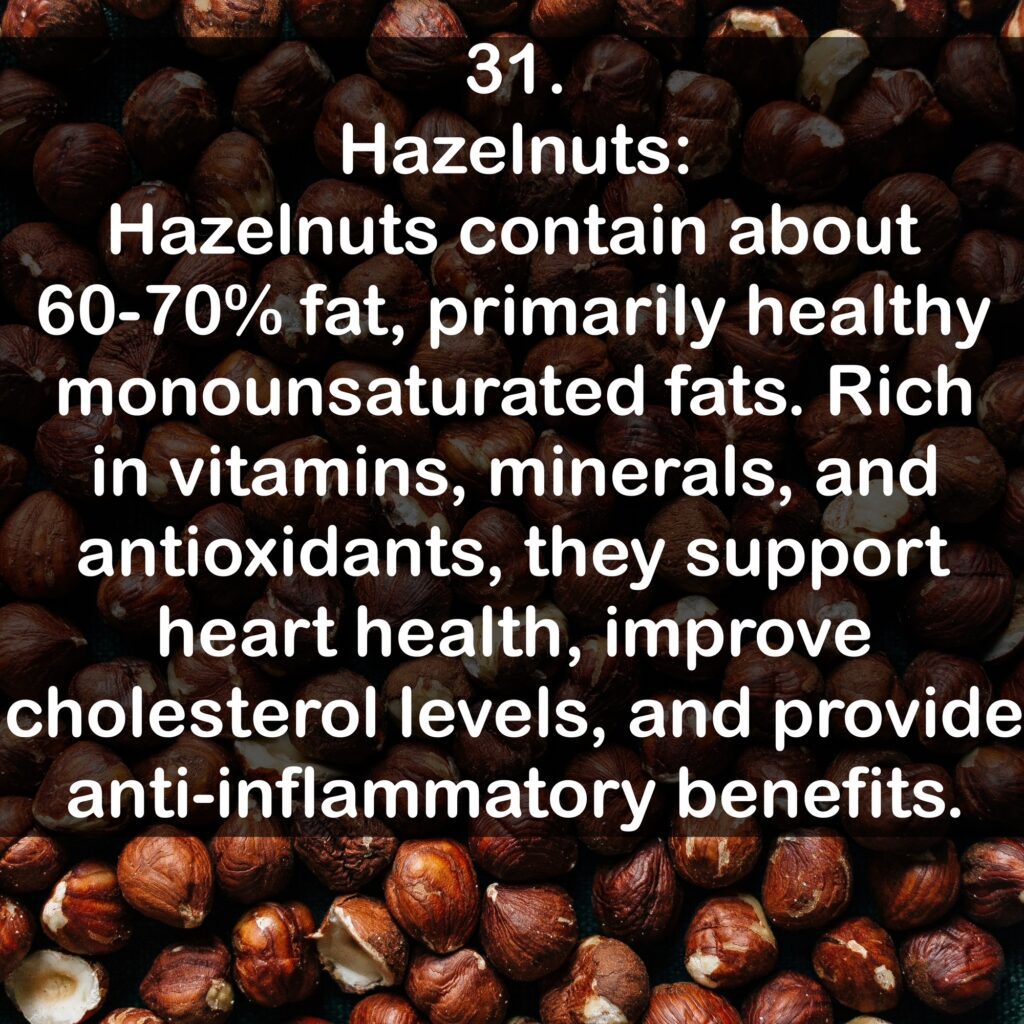 31. Hazelnuts: Hazelnuts contain about 60-70% fat, primarily healthy monounsaturated fats. Rich in vitamins, minerals, and antioxidants, they support heart health, improve cholesterol levels, and provide anti-inflammatory benefits.