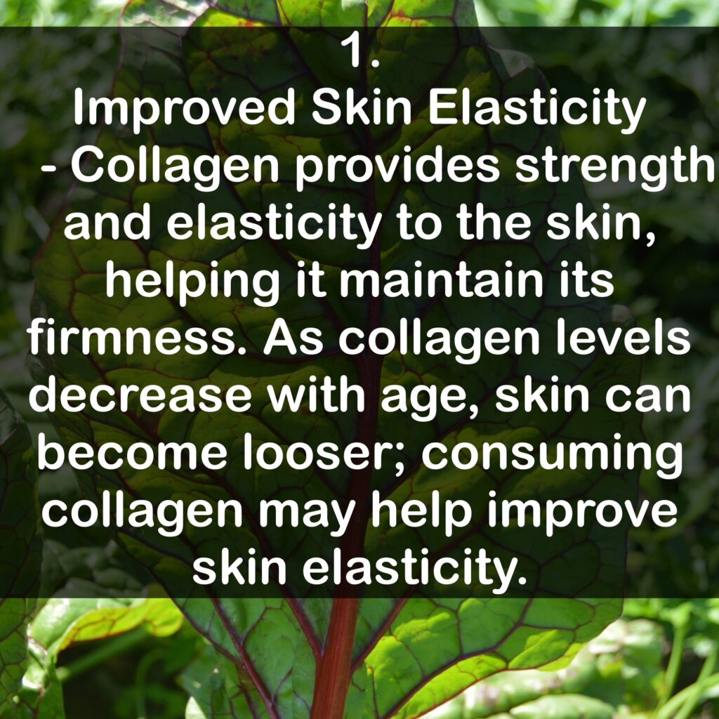 1. Improved Skin Elasticity - Collagen provides strength and elasticity to the skin, helping it maintain its firmness. As collagen levels decrease with age, skin can become looser; consuming collagen may help improve skin elasticity.