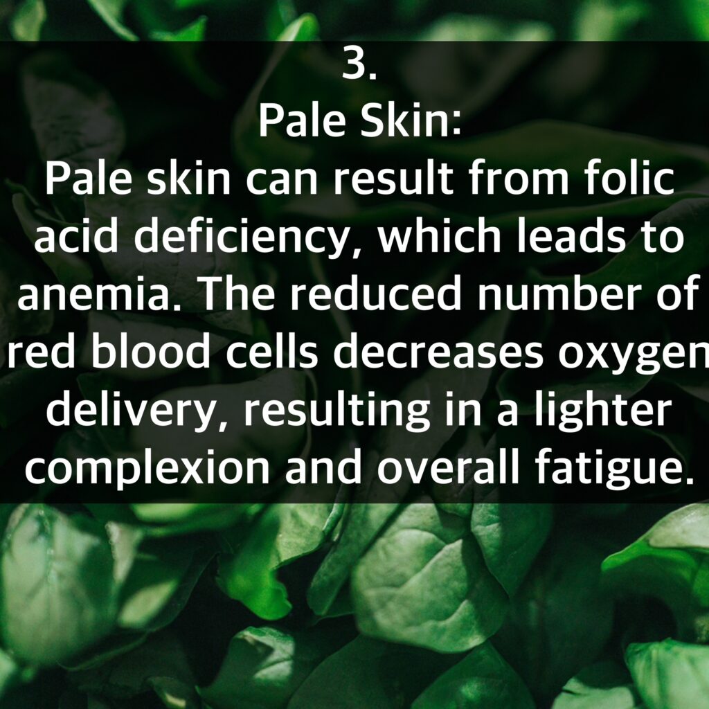 3. Pale Skin: Pale skin can result from folic acid deficiency, which leads to anemia. The reduced number of red blood cells decreases oxygen delivery, resulting in a lighter complexion and overall fatigue.