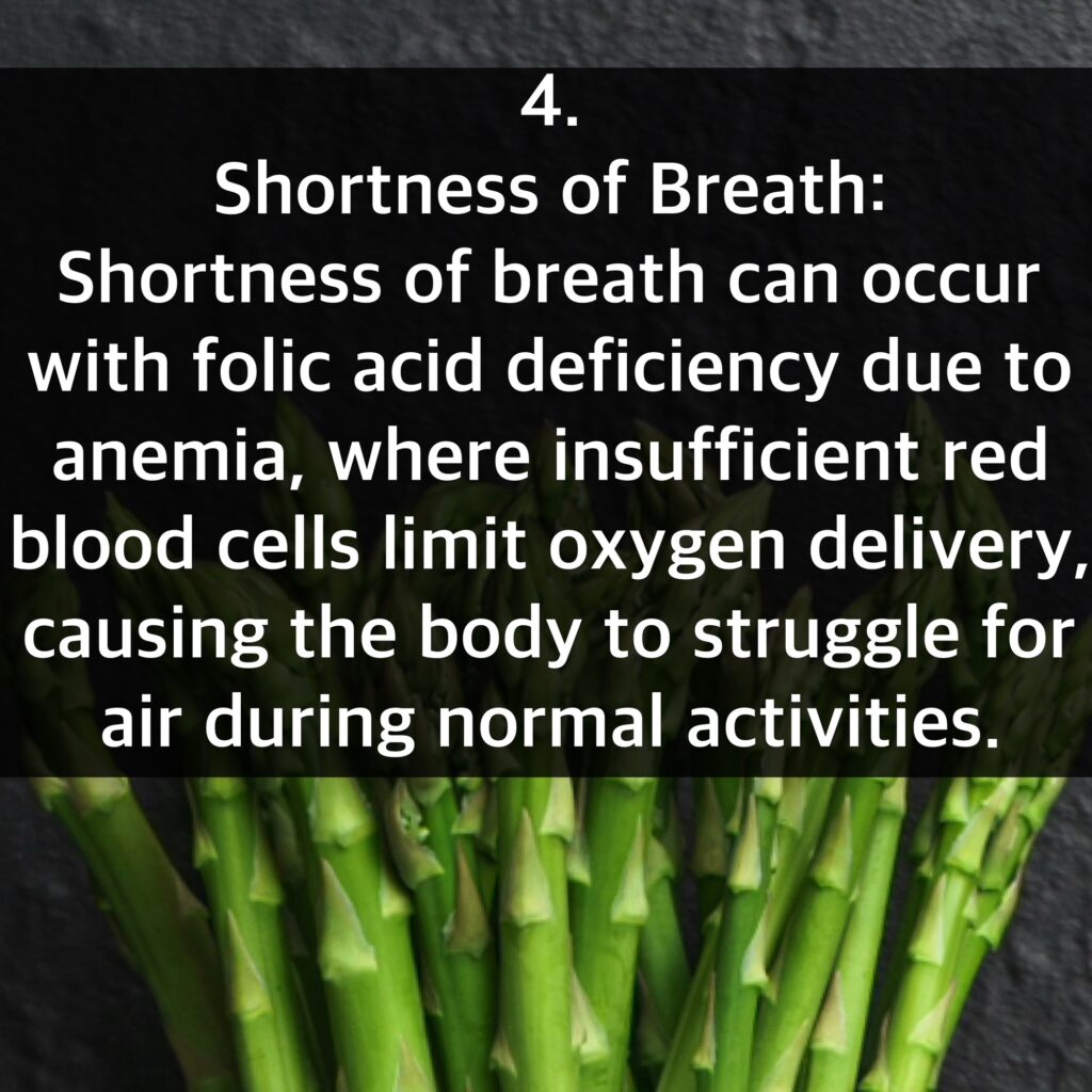 4. Shortness of Breath: Shortness of breath can occur with folic acid deficiency due to anemia, where insufficient red blood cells limit oxygen delivery, causing the body to struggle for air during normal activities.